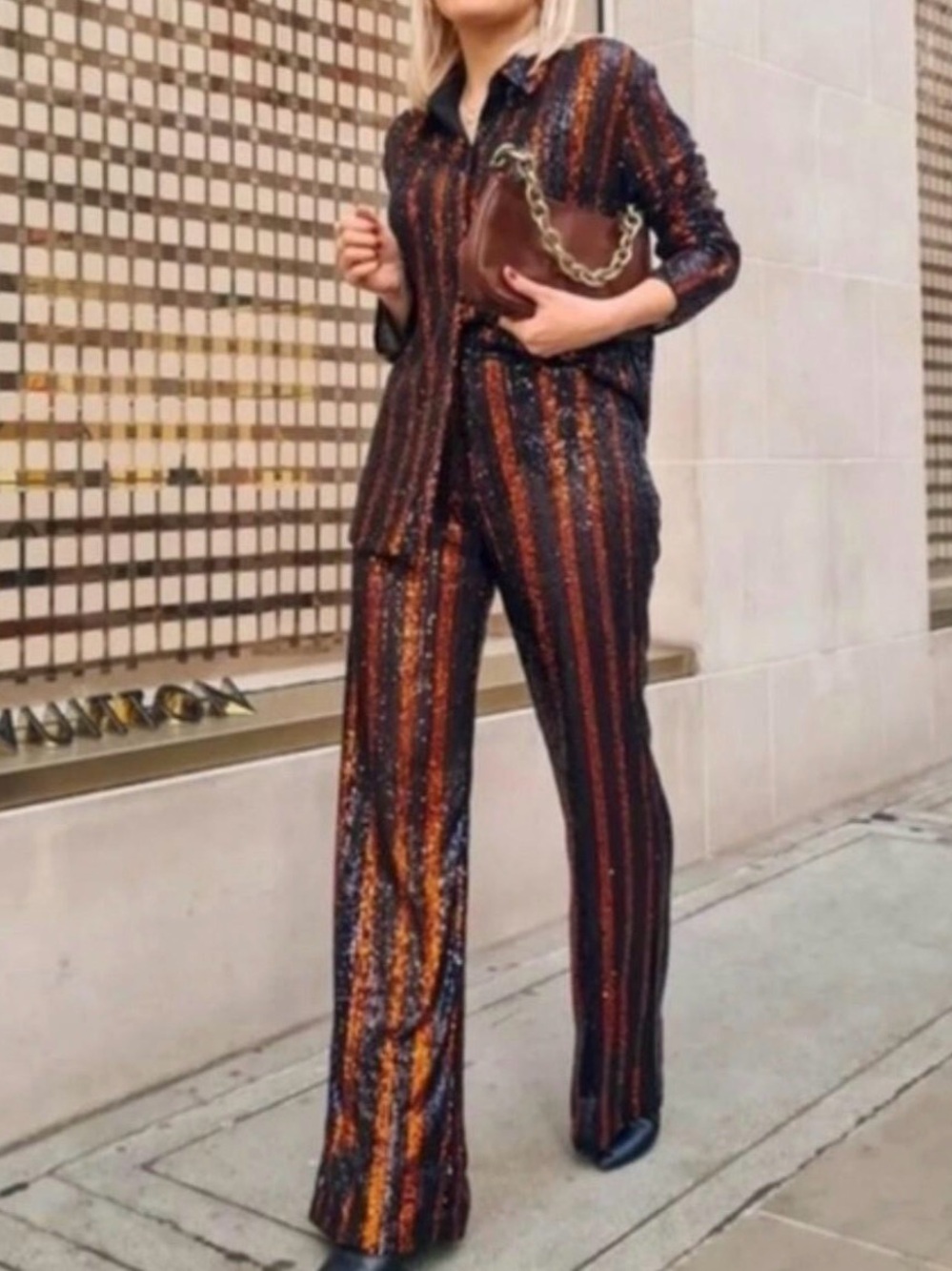 ZARA The Abbey Sequin 2-Piece Set Black Orange Flared Pants Top S NWT